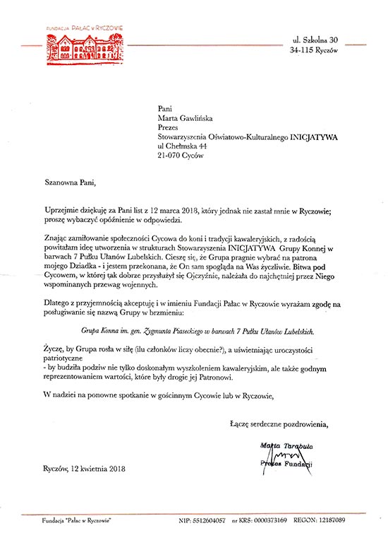 Generał Zygmunt Piasecki patronem cycowskiej Konnej Grupy w barwach 7 Pułku Ułanów Lubelskich