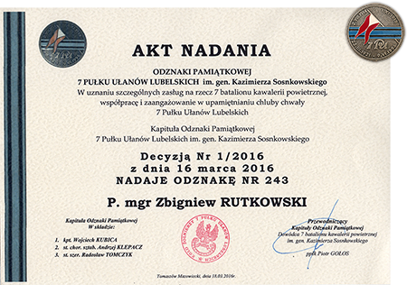 Akt nadania Odznaki Pamiątkowej 7 Pułku Ułanów Lubelskich