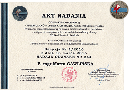 Akt nadania Odznaki Pamiątkowej 7 Pułku Ułanów Lubelskich