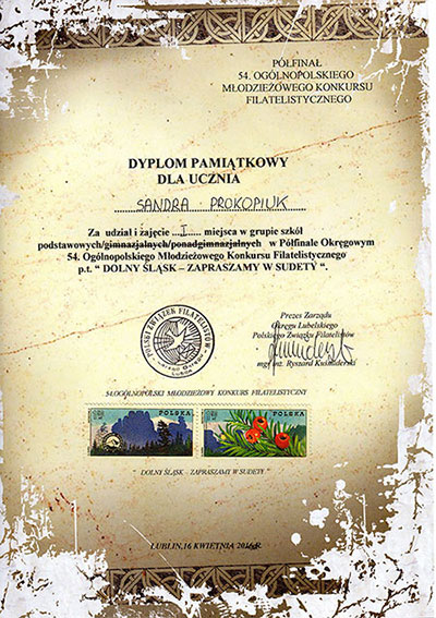 Dyplom pamiątkowy dla Sandry Prokopiuk