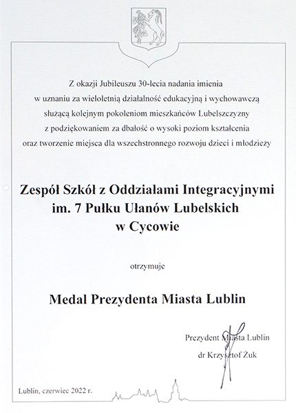 MEDAL Prezydenta Miasta Lublin dla Zespołu Szkół w Cycowie