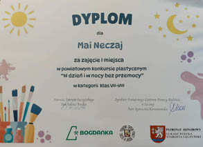 Sukces Mai Neczaj w Powiatowym Konkursie Plastycznym „W dzień i w nocy bez przemocy”